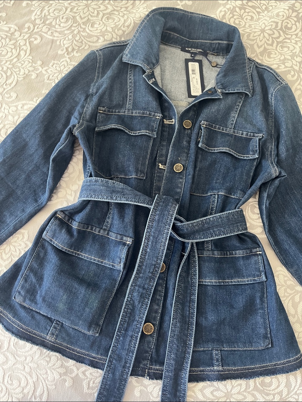 New Kobi Halperin Dark Blue Denim Belted Jean Jacket size M